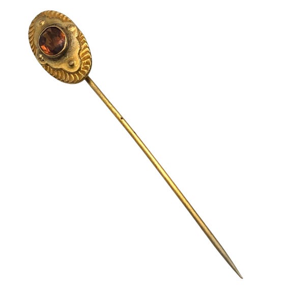 Vtg Victorian Gold Plated Stickpin W/ Amber Gemstone Oval Design Elegant Antique Accessory