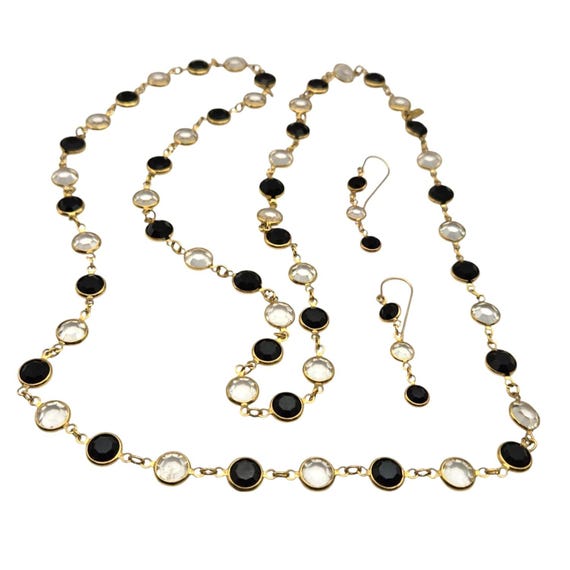 Vtg Swarovski Beaded Necklace & Earring Set Clear/Black Crystals Gold-Tone 18" Necklace W/ 36" Chain 2" Drop Earrings