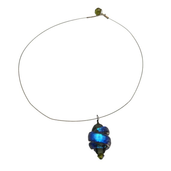 Handmade Vintage Style Glass Pendant Necklace With Blue & Green Swirl On Silver Wire For Women 16 "