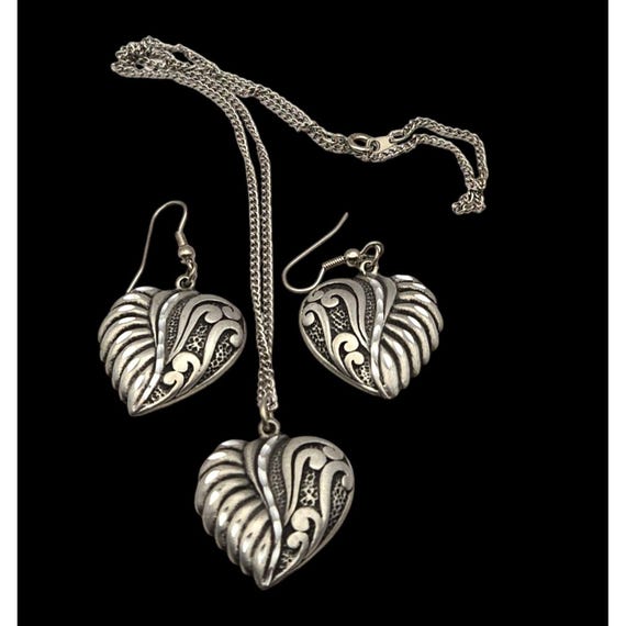 Ege 1989 Pewter Heart Shape Necklace & Earrings Set Silver Tone Vintage Style