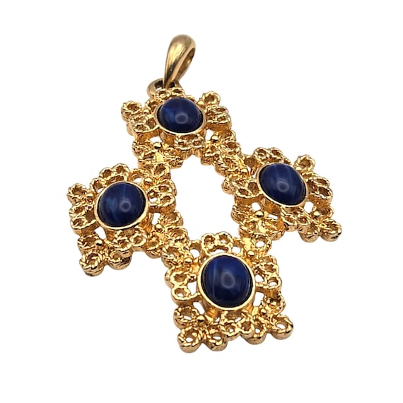 Vtg. Sarah Coventry Gold-Tone Cross Pendant With Deep Blue Cabochons Ornate Filigree Design 1970s Religious Jewelry Unique Gift Idea