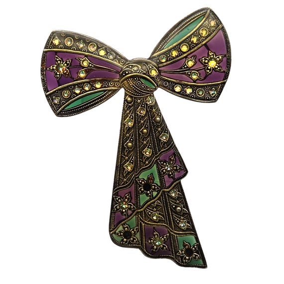 Vintage Catherine Pepesco Enamel Rhinestone Ribbon Bow Brooch Pin
