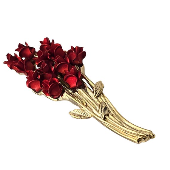 Gold-Tone Bouquet Of Red Roses Flower Brooch Pin With Textured Details Vintage Style DM 97
