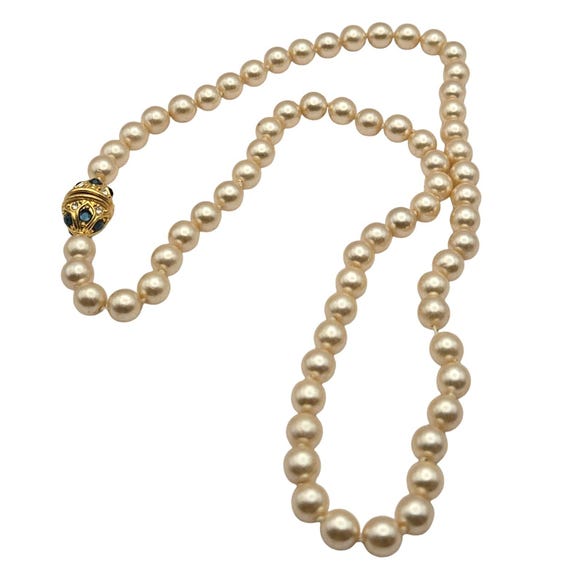 Vintage NOLAN MILLER Pearl Necklace With Ornate RHINESTONE Clasp
