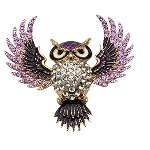 Vtg Rhinestone Encrusted Whimsical Owl Brooch / Pendant With Purple & Clear Crystals On Gold-Tone Metal 2 1/2 &quot; x 2 1/2 &quot;