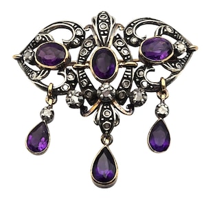 Antique 18K Gold & Sterling Brooch With Amethyst - Diamond Accents Victorian Style 1 3/4&quot; x 1 3/4&quot; Elegant Jewelry Gift