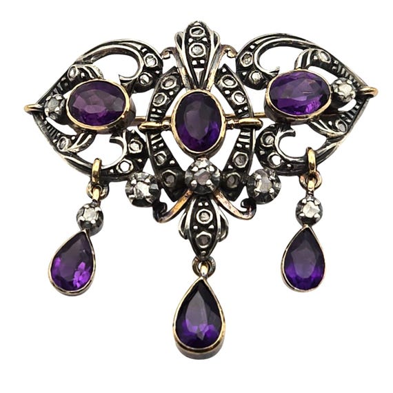 Antique 18K Gold & Sterling Brooch With Amethyst - Diamond Accents Victorian Style 1 3/4" x 1 3/4" Elegant Jewelry Gift