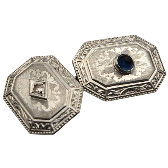 Vtg Edwardian Platinum Over 14Kt Gold Mens Cufflinks Diamond & Sapphire Accents Engraved Detail Elegant Accessory