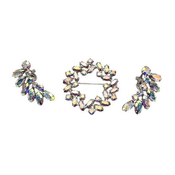 Vtg B. David AB Navette and Baguette Rhinestone Clip Earrings & Brooch Pin Set