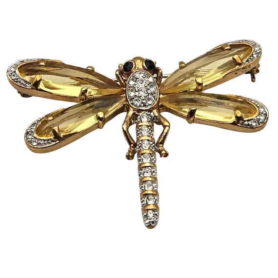 Vintage Swarovski Golden Dragonfly Brooch Pin With Crystal Accents