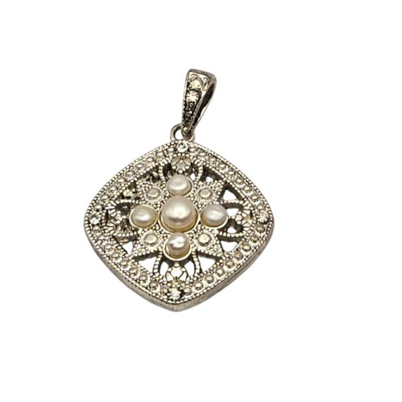 Vintage Silver-Plated Filigree Pendant With Faux Pearl Accents