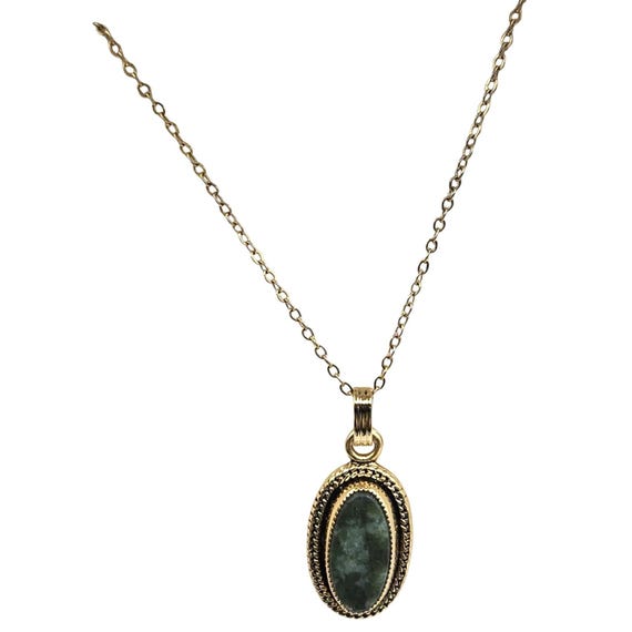 Vtg Gold Filled Green Agate Oval Pendant Necklace 12K G.F. 18" Chain Jewelry With Textured Frame Design
