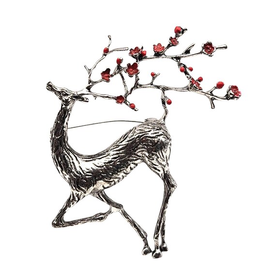 Vintage Silver Tone Deer Brooch With Red Enamel Blossom Branch