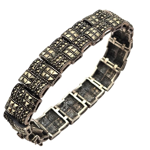 Sterling Silver Marcasite Faceted Link Bracelet NF 925 Thailand Vintage Design 7 " x 1/2 "