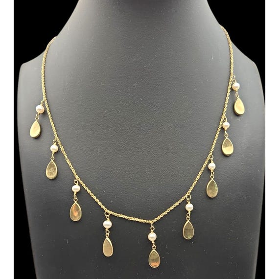 Vtg 14K Station Necklace W/ Cultured Pearls & Teardrop Accents 16" Fine Diamond Cut Chain 8" Drop 4.16 Grams