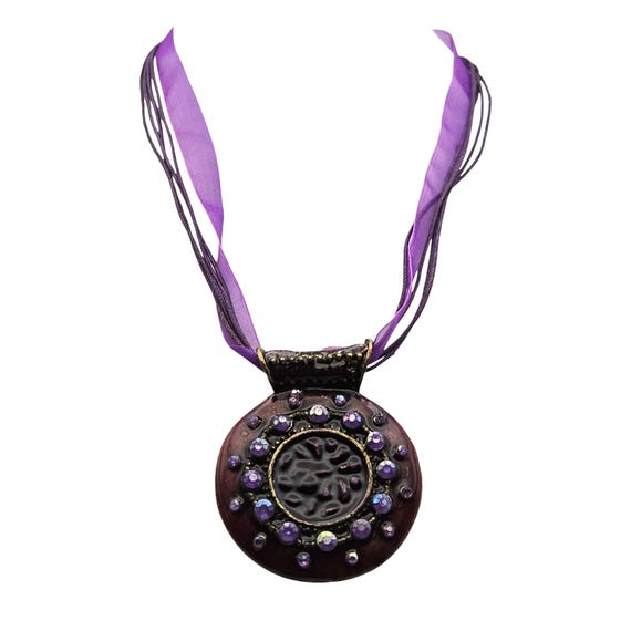 Vintage Resin & Art Glass Pendant Necklace Purple Ribbon Cord
