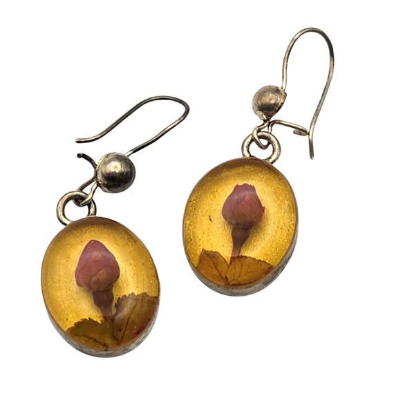 Vintage Sterling Silver Rose Bud Resin Dangle Earrings Handcrafted Oval Shape