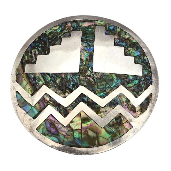 Vintage Sterling Silver Abalone Inlay Round Brooch Pin Tribal Design 2 1/8 "