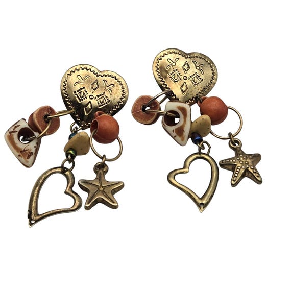 Vintage Brass Ceramic Heart & Starfish Dangle Earrings