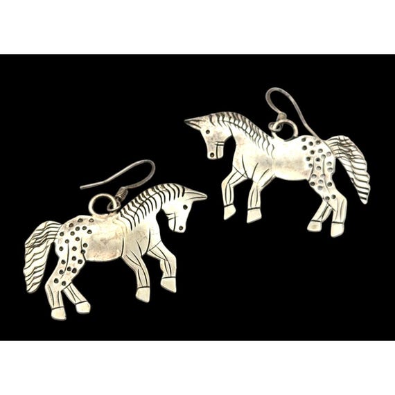 Vtg Native American Leland Yazzi Sterling Silver Horse Earrings Signed LY Animal Design Dangle Hook Jewelry