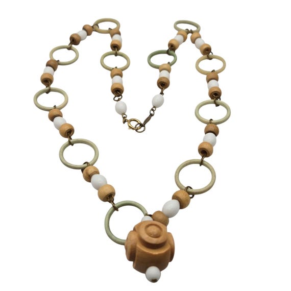 Freirich Vintage Wooden & Enamel Bead Necklace 14 1/2 "