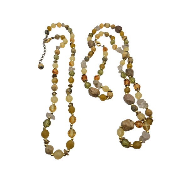 Handmade Beaded Necklaces With Yellow Green & Beige Gemstones And Wood Accents (2) Necklace Set