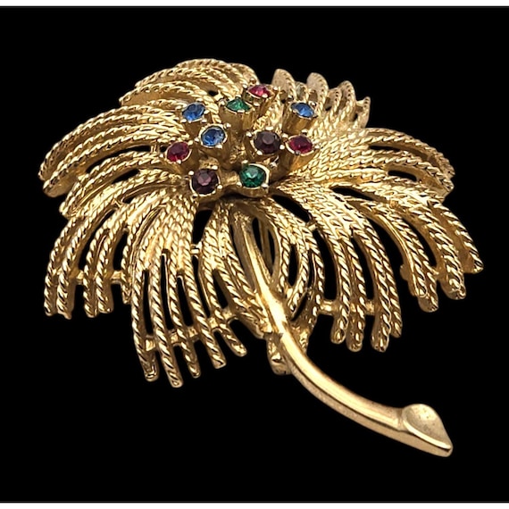 Vintage Sarah Coventry Flowing Palm Tree Brooch With Multicolor Rhinestones