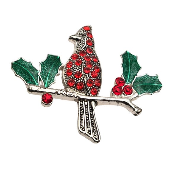 Vintage Cardinal Bird Brooch With Red Rhinestones & Green Enamel Holly Leaves Christmas Pin