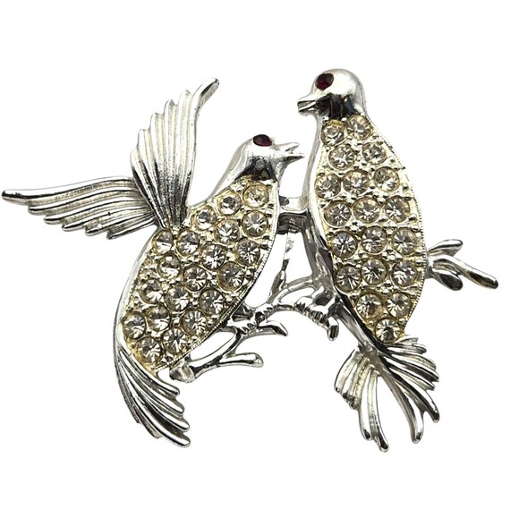 Vtg Rhinestone Love Bird Doves Brooch With Red Rhinestone Eyes 2 1/4 " x 2 "
