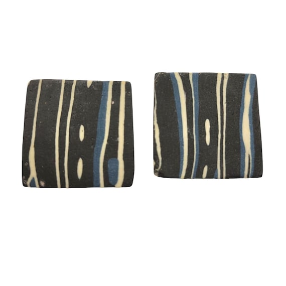 Vintage Resin Monochrome Square Clip-On Earrings With Blue & White Stripes