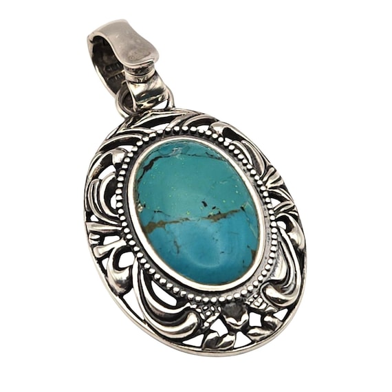 Vtg Barse Sterling Silver Turquoise Oval Pendant Thailand Design 2 1/4 " x 1 1/8 "