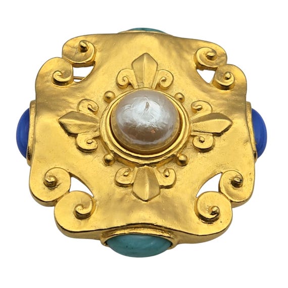 Vintage Karl Lagerfeld Gold-Tone Brooch With Gemstone Cabochons & Central Pearl Accent