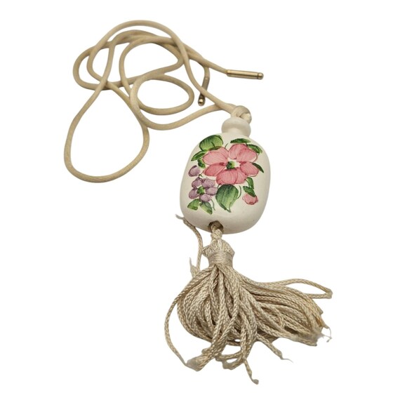 Vtg Avon Hand Painted Floral Ceramic Pendant Necklace With Tassel & Silk Cord 19 "