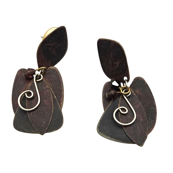 Vtg Brown Bark Finish Dangle Earrings W/Swirl Accent & Stud Backing