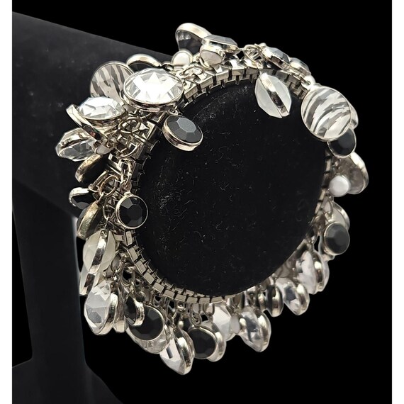 Vintage Expandable Cha Cha Bracelet W/ Black Clear & Tiger Stripe Stone Charms