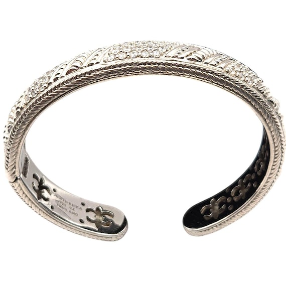 Vtg Judith Ripka Sterling Silver Hinged Cuff Bracelet With CZ Rhinestones Thailand Made Elegant Etched Design