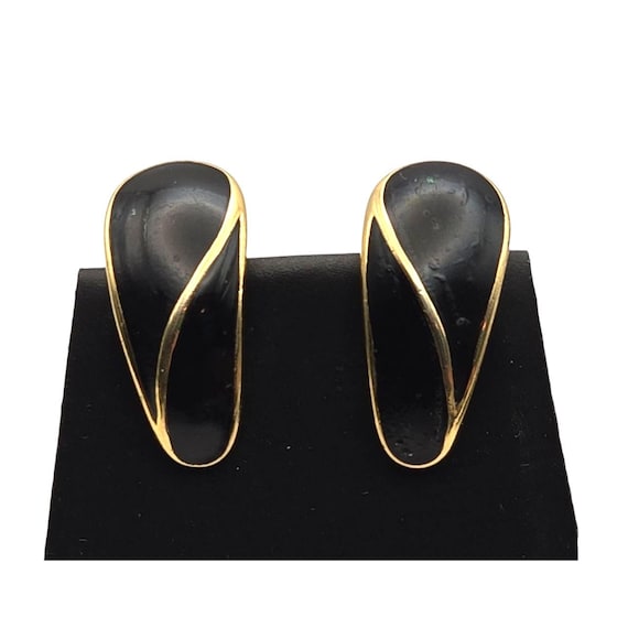 Vintage Trifari Black Enamel Clip-On Earrings With Gold Tone Accents