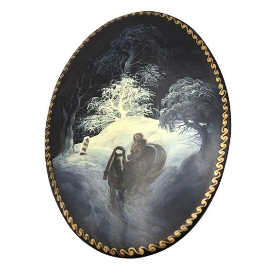 Vtg Russian Hand-Painted Black Lacquer Brooch Winter Scene Artist Signed Fedoskino 1996 Oval Design