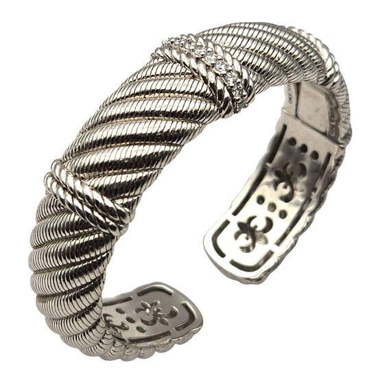 Vtg Judith Ripka CZ Cuff Bracelet Sterling Silver 925 With Rope & Fleur-De-Lis Design Thailand Made