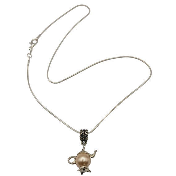 Vtg Sterling Silver Tea Pot Pendant Necklace With Cultured Pearl Accent & 18" Chain