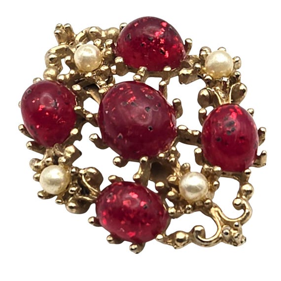 Vintage Gold-Tone Brooch With Red Glass Cabochons & Faux Pearl Accents 1 3/4 " X 1 1/4 "