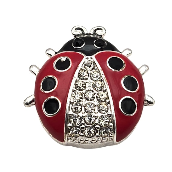 Vtg FAF Enamel Ladybug Brooch Pin W/ Rhinestone Accents Silver Tone Jewelry 1 1/4 " x 1 1/4 "