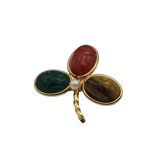 Vintage Cassell 12KT Gold-Filled Four-Leaf Clover Brooch With Gemstones & Pearl