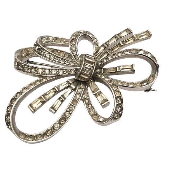 Vtg Marcel Boucher Rhinestone Bow Brooch Signed & Numbered Elegant Silver-Tone Jewelry