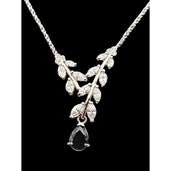 Vintage Silver-Toned Rhinestone & Onyx Pendant Necklace 9" Length With 2" Ext.