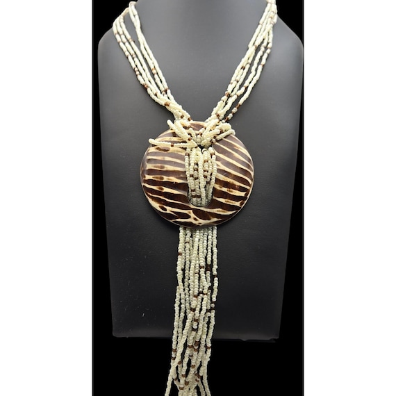 Vintage African Style Tribal Bead Medallion Necklace Faux Pearl Brown Beads Center Zebra Striped Medallion 18 " Total