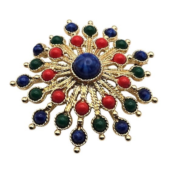 Vintage Sarah Coventry Gold Tone Carnival Brooch With Multi-Colored Stones 2 1/4 " x 2 1/4 "