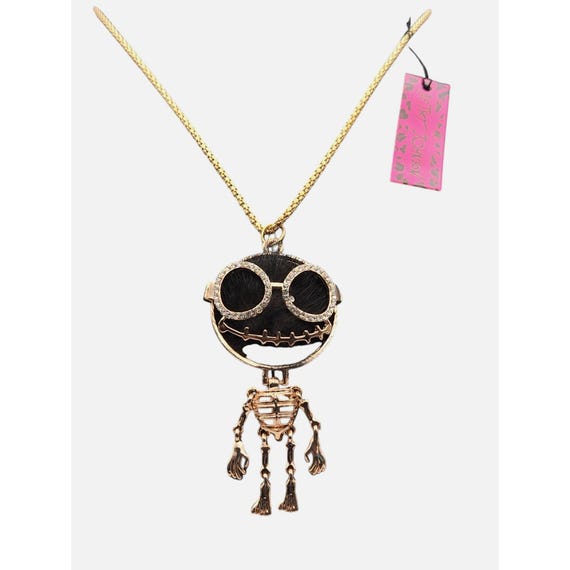 Betsy Johnson Vintage Skeleton Pendant Necklace With Black Rhinestones & Gold Chain 17 "