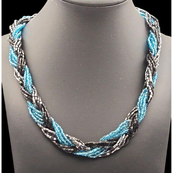Vintage Micro Bead Multi Strand Twist Necklace In Black Silver & Blue With Elegant Clasp Closure 18 "
