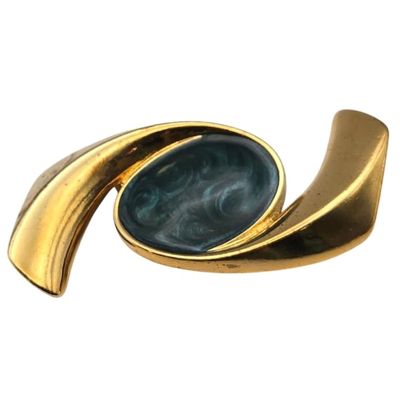 Vtg Monet Gold-Tone Aqua Blue Swirl Brooch Pin Mid-Century Modern 1960s 2 1/4" X 1 1/4"